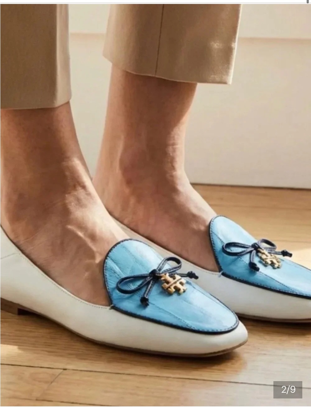Tory Burch Two-Tone Blue and White Women's Leather Loafers with Bow Accent